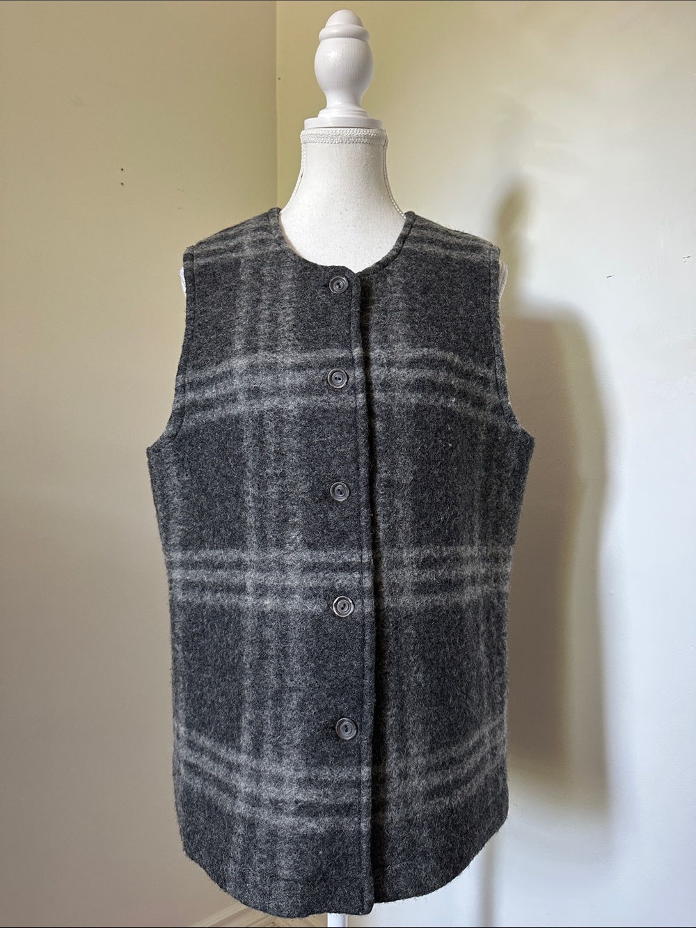 LANA LEE Vintage Grey Wool Blend Plaid Preppy Academia Button Down Vest Sz 10
